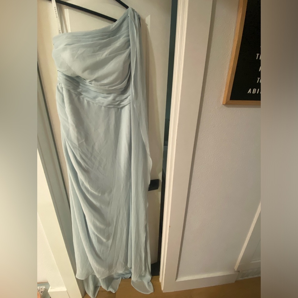 Azazie Lydia Elegant One-Shoulder Mist Blue Evening Dress size 12 NWT